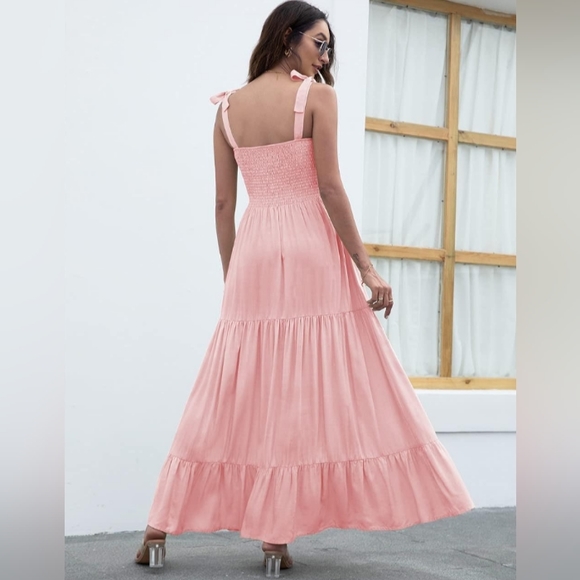 Green Print Summer Maxi Midi Tiered Dress Shoulder Ties Flowy Bohemian Vacation - Picture 7 of 9